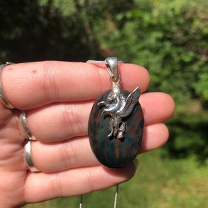 Solid sterling Bloodstone Pegasus crystal necklace